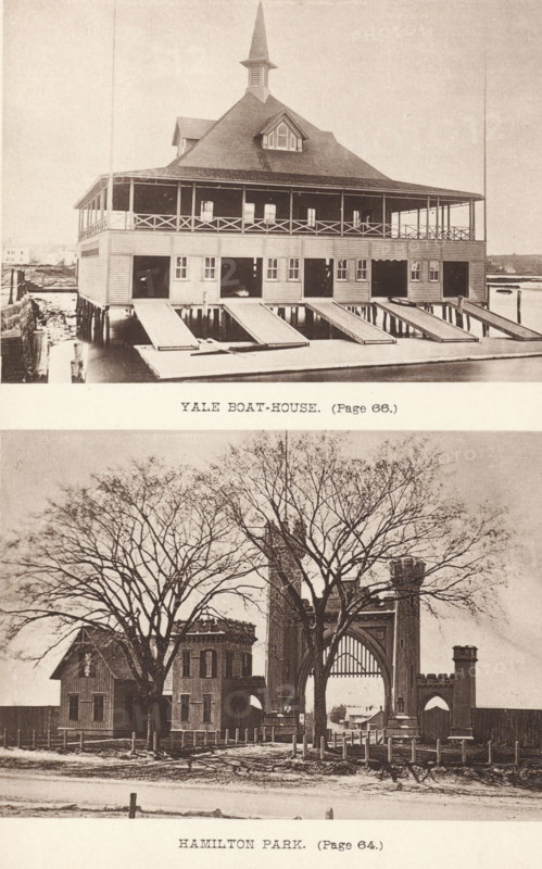 Yale boat-house, Hamilton Park, page, photomechanical print, photographer: James Notman, New Haven, cliché maker: anonymous, c. 1872 - in or before 1882, North America, Connecticut, paper, collotype, photoprint, height 190 mm x width 136 mm, Prints opposite page 114., public gardens, park, facade (of house or building), boat-house, shed, Yale University, A sepia-toned image showing two stacked photographs separated by a narrow blank band; the upper photograph depicts a wooden waterfront building on stilts with a steep roof and a central spire, a wraparound covered porch with railing, multiple boathouse doors opening toward a dock with sloping ramps, and calm water beneath; the lower photograph shows a park entrance with a large arched stone gateway flanked by towers, leafless trees with spreading branches in front of adjacent buildings, a fence and posts along a dirt road, and distant houses visible through the arch.
