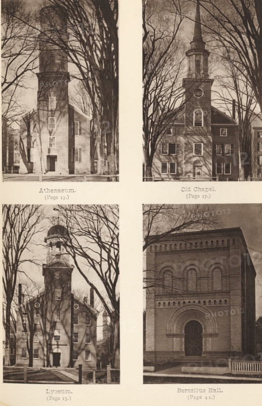 Lyceum, Athenaeum, Old chapel, Berzelius Hall, page, photomechanical print, photographer: James Notman, New Haven, cliché maker: anonymous, c. 1872 - in or before 1882, North America, Connecticut, paper, collotype, photoprint, height 190 mm x width 136 mm, Prints opposite page 26., facade (of house or building), university, parts of church exterior and annexes: chapel, Four sepia-toned photographic panels arranged in a two-by-two grid depict different brick buildings framed by leafless tree branches. The top left panel shows a tall rectangular building with a tower-like upper section and a narrow doorway near the base, with bare trees casting shadows across its facade. The top right panel features a taller structure with a steeple rising above a symmetrical front, multiple windows, and tree branches surrounding the tower. The bottom left panel displays a multi-story building with a cupola-like structure at its roofline, rows of windows, and trees in front casting intricate shadows. The...