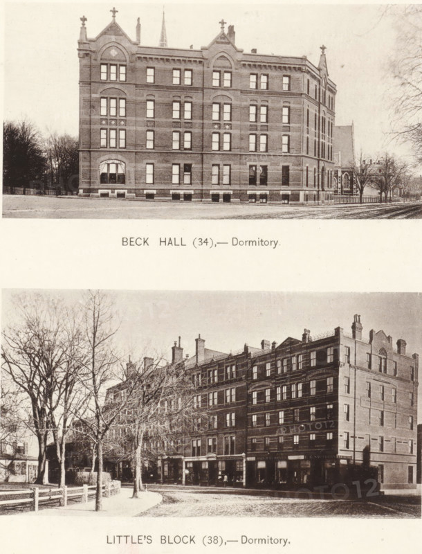 Little's Block, Beck Hall, page, photomechanical print, number: '(34) (38)', Cambridge (MA), c. 1881 - in or before 1886, North America, Massachusetts, paper, collotype, photoprint, height 168 mm x width 126 mm, Prints opposite page 70., facade (of house or building), university building, college, Harvard College, A vertical image showing two separate sepia-toned photographs of large brick dormitory buildings, one above the other, separated by a blank band; the upper photograph depicts a rectangular multi-story brick building with decorative roofline elements, many windows arranged in regular rows, a small fenced lawn and leafless trees at the edges, and a paved street in front; the lower photograph shows a longer multi-story brick block with retail storefronts at street level, rows of windows above, bare trees lining a curved roadway, a wooden fence along the sidewalk, and a mix of shadows and light across the facades.