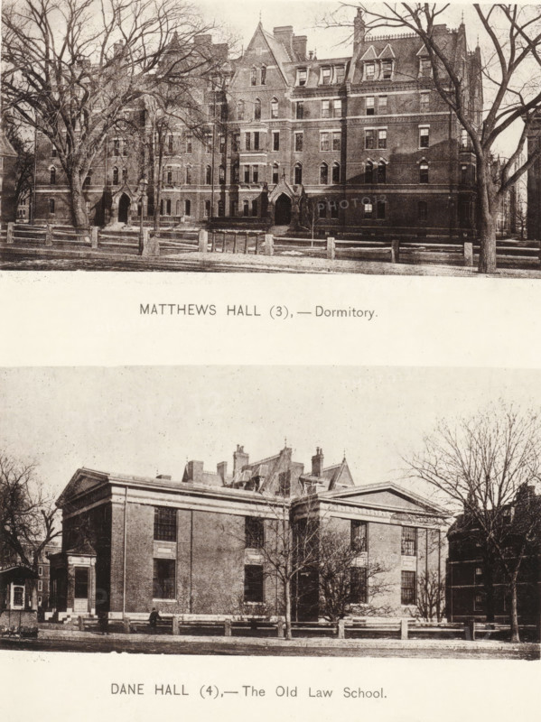 Dane Hall, Matthews Hall, page, photomechanical print, number: '(3) (4)', Cambridge (MA), c. 1881 - in or before 1886, North America, Massachusetts, paper, collotype, photoprint, height 168 mm x width 126 mm, Prints opposite page 22., facade (of house or building), university building, college, Harvard College, A pair of sepia-toned photographs stacked vertically showing two different multi-story brick buildings set behind low stone fences and bare deciduous trees; the upper image features a large ornate dormitory with steep gables, dormer windows, arched doorways, and a facade punctuated by numerous rectangular windows, flanked by tall leafless trees and a simple wooden fence in the foreground, while the lower image shows a rectangular classical-style building with a prominent cornice, large vertical windows, steps leading to doors, smaller trees in front, and a similar fence and sidewalk lining the street.