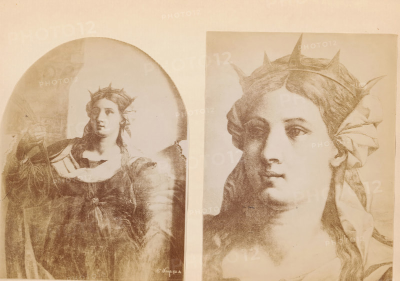 Two photo reproductions of a painting depicting Saint Barbara, Venezia -Barbara- Palma Vecchio, photograph, reproduction, page, photographer: Carlo Naya, after painting by Jacopo Palma (il Vecchio), c. 1882 - in or before 1887, paper, albumen print, albumendruk, height 150 mm x width 206 mm, Photos for page 111., the virgin martyr Barbara, possible attributes: book, cannon(ball), crown, cross, chalice with wafer, Dioscuros (her father), peacock feather, sword, torches, mason's tools, tower, Two sepia-toned illustrations of a woman wearing a crown and draped garments are placed side by side against a pale background; the left image shows the woman standing with a rounded top framing, a flowing dress, a sash across her chest, long hair, and a small crown with pointed spikes, while the right image is a closer, cropped view of the woman's face and upper torso with detailed hair, the same spiked crown, a draped cloth around her head, and soft shading on the facial features.