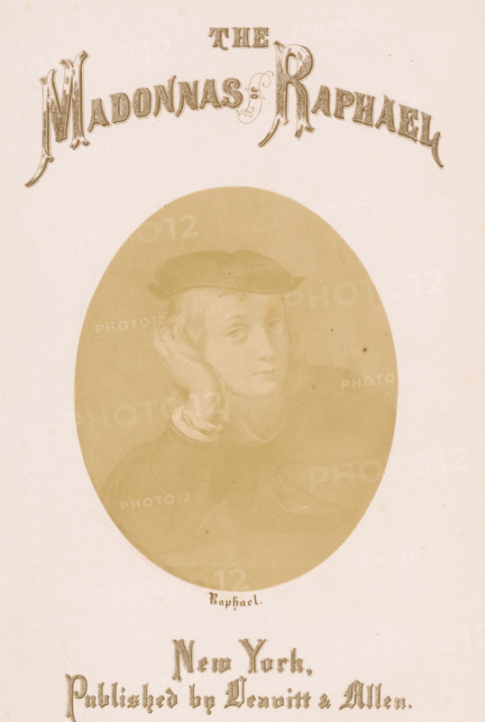 Raphael, Photo reproduction of a print depicting a portrait of Raphael, photograph, reproduction, page, photographer: E. Hufnagel, after print by anonymous, c. 1855 - in or before 1860, after print by, paper, albumen print, albumendruk, height 112 mm x width 89 mm, Photo on title page., Person, Rafaël, portrait, self-portrait of artist, A pale, aged page shows an oval sepia-toned portrait of a young person wearing a soft hat, resting their head on one hand with a contemplative expression, framed by long hair and a visible cuff at the wrist; ornate decorative lettering is embossed above and below the oval, and the background of the page is a light, slightly speckled paper.