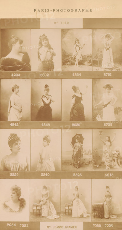 Sixteen portraits of Louise Théo and Jeanne Granier in various theater roles, photograph, page, number: '4234, 7056', inscription: 'Madame Théo, Madame Jeanne Granier, ', photographer: Félix Nadar, Paris, c. 1882 - in or before 1892, paper, albumen print, height 180 mm x width 105 mm, Person, Louise Théo, Jeanne Granier, stage costume, portrait of opera-singer, A vertically oriented sepia sheet displaying a grid of portrait and full-length photographs of women arranged in rows and columns, each image set within rectangular panels separated by horizontal bands; the women wear a variety of period dresses, gowns, and hats, with some posed standing, seated, or in profile, and a few holding props such as parasols or flowers; the background alternates between plain studio backdrops and painted scenic backdrops, and decorative chairs appear in some panels; the top of the sheet includes a heading in capital letters, and a small rectangular label beneath it contains a short name; beneath many p...