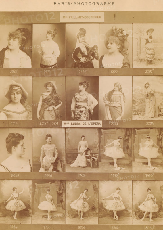 Twenty portraits of Marguerite Vaillant-Couturier and Julia Subra, photograph, page, number: '3802 A, 8039B', inscription: 'Mademoiselle Vaillant-Couturier, Madame Subra de l'Opéra, ', photographer: Félix Nadar, Paris, c. 1882 - in or before 1892, Félix Nadar, photographer, paper, albumen print, height 179 mm x width 136 mm, Person, Julia Subra, Marguerite Vaillant-Couturier, stage costume, portrait of opera-singer, A sepia toned photographic collage arranged in a grid of rectangular portrait panels showing women in period clothing and theatrical costumes, many wearing hats or headpieces and posed in studio settings; the top row features close portrait busts and a full-length figure in a long dress standing outdoors, the middle rows include three-quarter and full-length poses with women in draped garments, shawls, and decorative bodices often with hands on hips or holding props, and the lower rows show women in formal gowns and ballet costumes posed on stage or in studio backdrops, som...