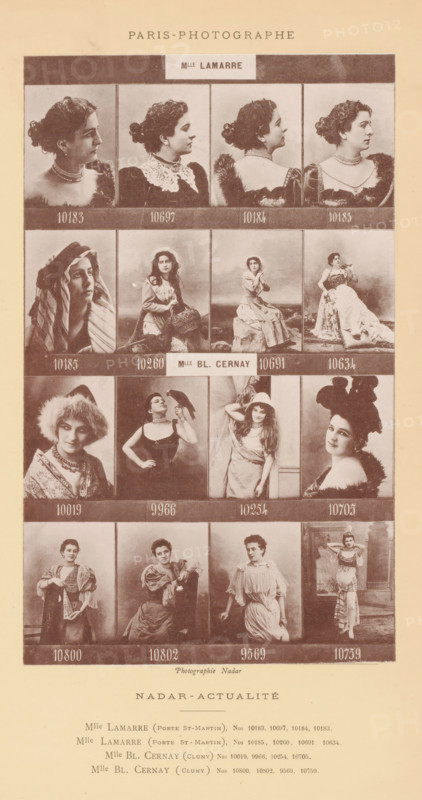 Sixteen portraits of actresses, page, photomechanical print, From left to right and from top to bottom: Mlle Lamarre and Mlle Bl. Cernay., number: '10183, 10759', inscription: 'Mlle Lamarre, Mlle Bl. Cernay, ', photographer: Félix Nadar, Paris, cliché maker: anonymous, c. 1883 - in or before 1893, paper, collotype, photoprint, height 177 mm x width 108 mm, portrait of actor, actress, A vertical album page showing a grid of portrait photographs of women arranged in rows and columns, each portrait framed by a narrow border and separated by darker horizontal bands; the women display a variety of poses and costumes including upturned profiles, three-quarter and frontal views, headwear such as hats and a fur headpiece, hairstyles gathered into buns and loose waves, and accessories like necklaces, collars, and a bird perched on a gloved hand; some images show seated poses on rocks or draped fabric and one shows a woman standing in a long costume with hands raised behind her head; the page ha...
