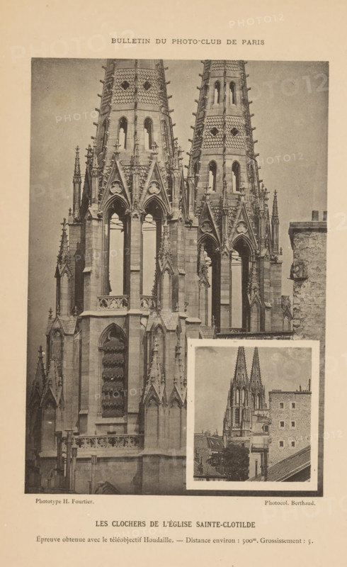 Les Clochers de l'Église Sainte-Clotilde, Part of the towers of the Église Sainte-Clotilde in Paris, page, photomechanical print, inscription: 'Épreuve obtenue avec le téléobjectif Houdaille. - Distance environment: 500m. Grossissement : 5.', inscription: 'Bulletin du Photo-Club de Paris', maker: H. Fourtier, maker: Michel Berthaud, c. 1888 - in or before 1893, H. Fourtier, Michel Berthaud, paper, collotype, photoprint, height 166 mm x width 114 mm, Print on second unnumbered page after page 332., church (exterior), Paris, Sainte-Clotilde, A sepia-toned printed page showing a large photograph of ornate Gothic church towers with pointed spires, arched windows, decorative tracery, pinnacles, and buttresses occupying most of the page, with a smaller inset photograph near the lower right depicting a distant view of the same twin spires above surrounding buildings; the top of the page contains a short line of printed text centered above the large image, and the bottom of the page shows addi...