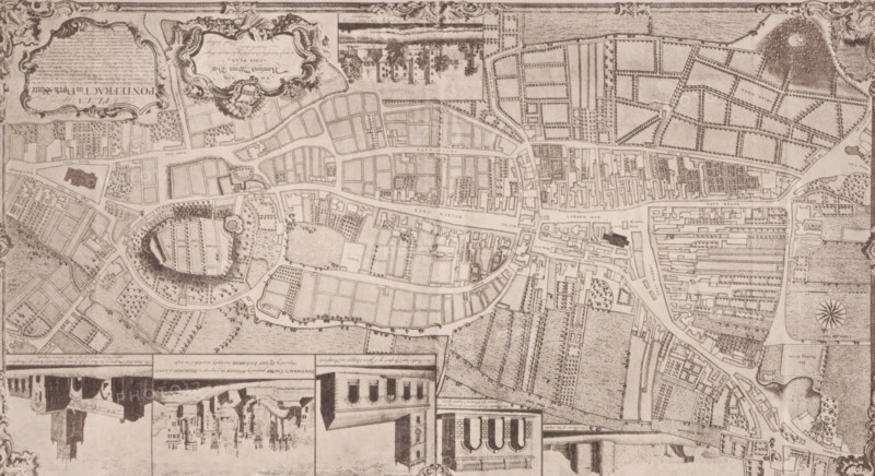 Reproduction of a map of Pontefract, reproduction, page, photomechanical print, cliché maker: Autotype Company, The (possibly), after print by anonymous, c. 1882 - in or before 1887, photographer, clichémaker, after print by, paper, collotype, photoprint, height 106 mm x width 184 mm, maps of cities, Pontefract, A detailed sepia-toned map fills the image, showing a network of streets, irregular blocks, open rectangular parcels, and landscaped areas with rows of small tree symbols and dotted textures indicating open ground. There is an oval-shaped enclosure with concentric pathways and a circular feature near its edge, surrounded by smaller plot divisions and tree symbols. Numerous tightly packed building outlines line several main linear thoroughfares, with clusters of denser blocks contrasted by larger empty lots. Decorative cartouches and ornamental flourishes appear near the corners and edges, and small vignette-style architectural drawings run along the bottom edge, including façad...