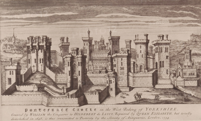 Reproduction of a print of a view of Pontefract Castle, reproduction, page, photomechanical print, cliché maker: Autotype Company, The (possibly), after print by anonymous, c. 1882 - in or before 1887, photographer, clichémaker, after print by, paper, collotype, photoprint, height 114 mm x width 185 mm, castle, Pontefract, A detailed ink drawing of a large fortified castle complex with multiple tall stone towers, battlements, and curtain walls stretching across the scene, set against a sky with layered cloud bands. The castle shows a variety of architectural elements including crenellated towers, rounded turrets, narrow windows, arched gateways, and stairways, with smaller buildings clustered inside and outside the walls. In the foreground inside the outer walls there are a few small human figures and a horse near an open area, and animals lying on the ground. To the left and right of the main fortress are hillside areas with additional buildings and a distant cluster of structures on ...