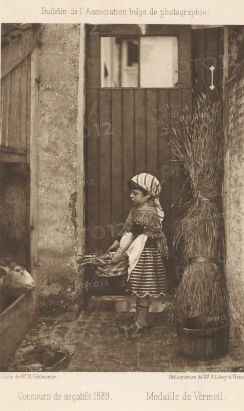View of a girl with a basket near a goat, page, photomechanical print, inscription: 'Bulletin de l'Association belge de photographie, Concours de negatifs 1889 Medaille de Vermeil', maker: Henri Schleusner, maker: Josef Löwy, c. 1885 - in or before 1890, Henri Schleusner, Josef Löwy, paper, photoaquatint, height 152 mm x width 108 mm, girl (child between toddler and youth), goat, container made of plant material other than wood: basket, A sepia-toned photograph of a young girl standing in a narrow doorway area, facing left and holding a woven basket with vegetables. She wears a striped headscarf tied at the back, a shawl over her shoulders, a striped skirt with a patterned hem, socks, and shoes. Behind her is a vertically paneled wooden door and a tall bundle of tied stalks leaning against the wall. To the left is a rough textured wall with an opening where a sheep's head is visible, looking toward the girl. The ground is a worn stone or brick floor with a pair of slippers nearby and a...