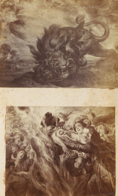 Photo reproduction of Scene from Hell by Antoine Wiertz, photograph, reproduction, page, photographer: Edmond Fierlants, after painting by Antoine Joseph Wiertz, c. 1863 - in or before 1868, paper, albumen print, albumendruk, height 105 mm x width 128 mm, representations of hell (with the damned and devils), usually with burning fires, A vertical image showing two separate sepia-toned scenes separated by a horizontal blank band. The upper scene depicts a large, roaring lion head with a flowing mane and bared teeth, a winged bird perched near its face, and a curling tail or serpentine form behind it, all set against a cloudy landscape. The lower scene shows a crowded group of figures in dynamic poses reaching and grasping toward a central, shrouded standing figure who faces left and wears a dark hat, with expressive faces and gestures layered around the central interaction and swirling drapery and smoke-like forms enveloping parts of the composition.