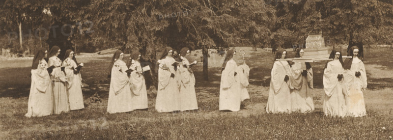 Les Nonnes, Group of nuns, four of whom carry a reliquary, page, photomechanical print, inscription: 'Association belge de photographie 1899.', photographer: Alexandre, cliché maker: Meisenbach, Riffarth & Cie., Berlin, c. 1894 - in or before 1899-02, paper, photoaquatint, height 75 mm x width 198 mm, nun(s), relics (and reliquaries), A sepia-toned outdoor scene shows a line of women in long light-colored robes and dark head coverings walking across a grassy area with trees in the background; several carry small books or bouquets, one holds a staff, and a group near the right carries a decorative box on a platform, while the foreground shows short grass and scattered small flowers.