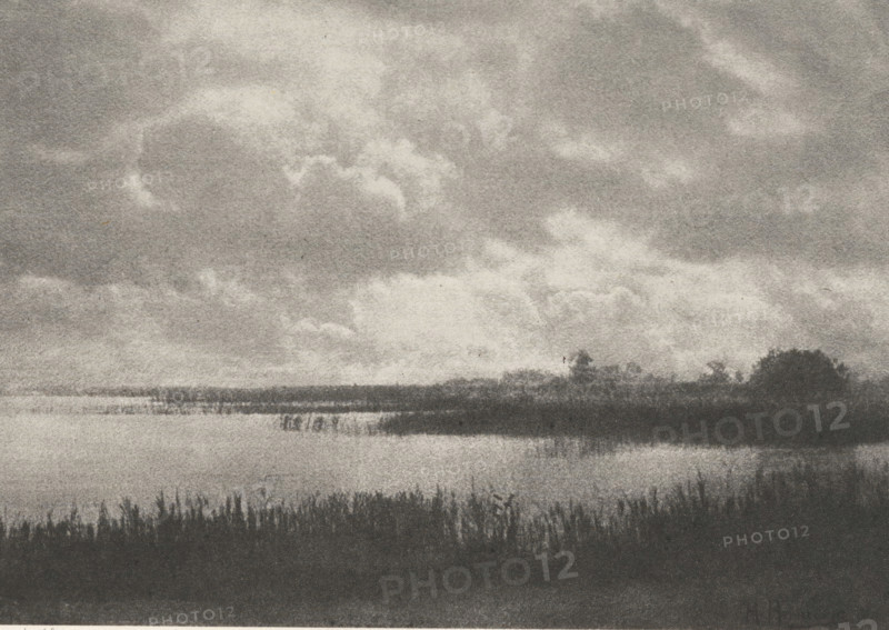 Impression de Pluie sir le Lac de Chiem, View of the Chiemsee, page, photomechanical print, inscription: 'Association belge de Photographie 1889.', photographer: Hugo Henneberg, Chiemsee, cliché maker: Blechinger & Leykauf, Vienna, c. 1894 - in or before 1899-04, printer (person), Bavaria, Lower Austria, paper, photoaquatint, height 113 mm x width 159 mm, lake, A wide grayscale landscape showing a large expanse of sky filled with soft, billowy clouds above a low, dark horizon, with a strip of water reflecting the sky and a foreground of tall, thin grasses and reeds silhouetted against the lighter surface, and a darker rounded cluster of vegetation near the horizon line.