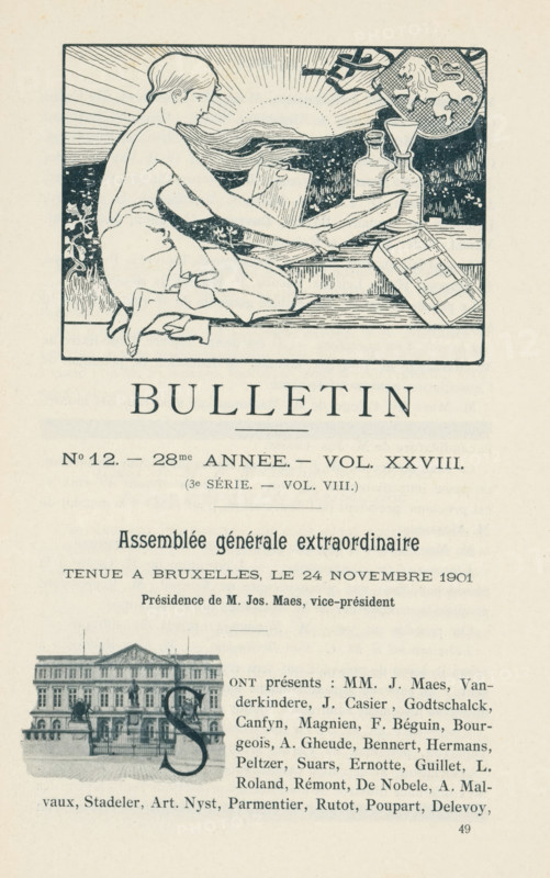 Bulletin, Association belge de photographie, book, 1901-12, paper, printing, wood engraving, autotype, height 252 mm x width 164 mm x thickness 4 mm, A printed page showing a rectangular illustrated vignette at the top depicting a seated person in profile holding a rectangular object with flowing hair or fabric behind them, a background with radiating lines and a round emblem with an animal figure, and various bottles and a box placed nearby on a surface; below the vignette a large title word is visible in bold type, followed by several lines of printed text in different sizes and styles, and a small architectural illustration of a building with a decorative capital letter partially overlaid on it beside a column of text.