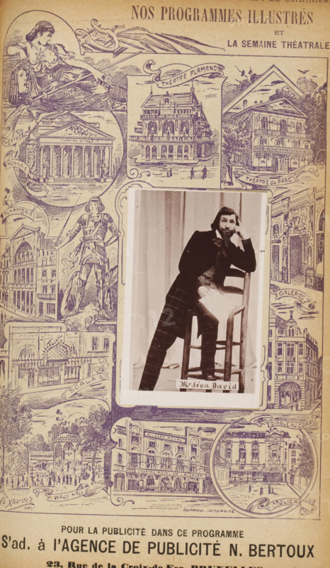 Portrait of Léon David, page, photomechanical print, c. 1895 - in or before 1900, paper, collotype, photoprint, height 84 mm x width 55 mm, Person, Léon David, historical persons, adult woman, A sepia-toned illustrated page with decorative ink drawings of buildings and figures surrounding a central photographic portrait of a seated man leaning on a chair; the portrait shows the man in dark formal clothing and patterned trousers, resting his head on one hand and holding a folded paper on his knee, mounted on a rectangular panel with a narrow border; the surrounding illustrations depict classical and ornate architectural facades, statues, banners, and framed vignettes, with a reclining female figure at the top left and various ornamental scrolls and small human silhouettes interspersed across the page.