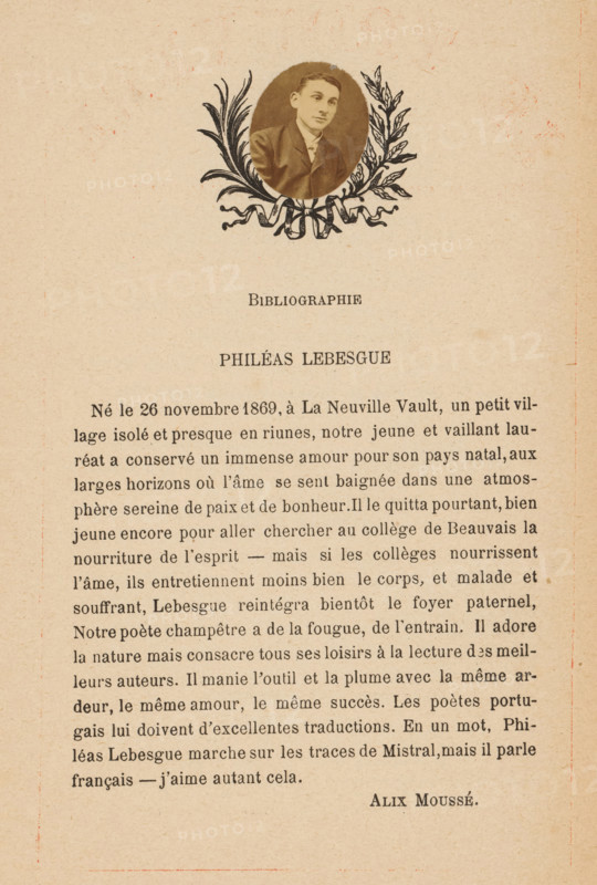 Le trouvère No 81, book, 1891-04, paper, printing, wood engraving, albumen print, height 251 mm x width 162 mm x thickness 2 mm, A sepia-toned page with aged paper texture features a small oval portrait near the top showing a young man in a suit and tie, surrounded by decorative black ink foliage and ribbon motifs. Below the portrait is a centered heading in darker type, followed by a larger centered name in bold type. The lower portion of the page contains several paragraphs of printed text in a serif font arranged in justified blocks, and a short printed signature line appears near the bottom right. The paper shows faint speckles and subtle discoloration along the edges.