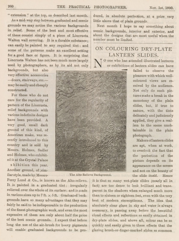The Alto-Relievo Background, Example of a relief background, page, photomechanical print, c. 1885 - in or before 1890, paper, autotype, height 77 mm x width 54 mm, photography, A sepia-toned page from a vintage magazine showing two columns of printed text flanking a central rectangular textured image, the left and right margins filled with narrow columns of small serif type, a bold centered headline above the textured image area, and a decorative patterned rectangle in the middle with swirling embossed floral and scroll motifs; the paper shows slight aging and faint discoloration around the edges.