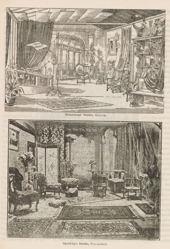 Interior of Fred Spalding's studio, Spalding's Studio, Chelmsford, page, photomechanical print, photographer: Aaron Briggs (possibly), photographer: Fred Spalding, cliché maker: anonymous, c. 1885 - in or before 1890, paper, autotypie, height 88 mm x width 114 mm, studio, Essex (county), A vertical image showing two separate interior illustrations stacked one above the other, each depicting decorated rooms with furniture and rugs; the top illustration features an open space with a high ceiling, a large draped curtain, a skylight or angled panel, a railing with balusters, potted plants, ornate chairs, a pedestal with a bust, framed artwork on the wall, shelves holding vases and decorative objects, a tall lamp or hanging light, and patterned rugs on the floor. The bottom illustration shows a cozy sitting room with upholstered chairs and footstools, decorative screens, small tables, potted plants and vases, patterned wallpaper or wall hangings, multiple layered rugs on the floor, a variet...