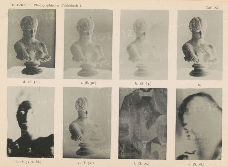 Eight examples of exposure studies, page, photomechanical print, inscription: 'd. (S. 50.) c. (S. 50.) b. (S. 63.) a., h. (S. 52 u. 66.) g. (S. 52.) f. (S. 50.) e. (S. 28.)', number: 'Taf. XI.', c. 1890 - in or before 1895, paper, collotype, photoprint, height 140 mm x width 215 mm, Prints on loose leaves. Leaves in insert sleeve at the back of the book, piece of sculpture, reproduction of a piece of sculpture, A sepia-toned page showing a grid of photographic prints featuring busts and portrait studies, each image framed by a pale border on aged paper; the top row displays four similar bust photographs of a classical female figure on a pedestal with varied contrast and exposure, the middle row shows a dark high-contrast silhouette portrait, a softer bust photograph, and a faded portrait of a person wearing a jacket with a bow, and the rightmost image in that row is a close-up partial head in profile; the paper background has slight discoloration and small spots.