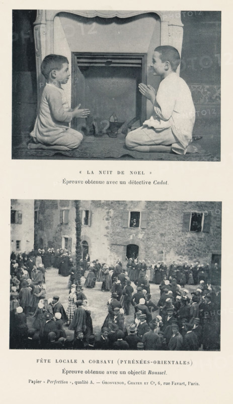 Local Festival in Corsavy (Pyrénées-Orientales), Two boys put out their shoe for Christmas and a group of people during a celebration in a square in Corsavy, France, La Nuit de Noel, page, photomechanical print, inscription: 'Preparation obtained with a Roussel object., Paper <, Perfection <, quality A. - Grosvenor, Chater et Co, 6, rue Favart, Paris.', c. 1891 - in or before 1896, paper, autotype, height 234 mm x width 152 mm, Prints on the fifth unnumbered page after page 102., public festivities, Christmas (non-liturgical celebration), boy (child between toddler and youth) (two persons), Corsavy, A vertically oriented image composed of two separate black-and-white photographs stacked with a blank margin between them. The top photograph shows two children kneeling on a rug facing each other in front of a decorative fireplace, both wearing light-colored nightclothes and holding their hands together as if in a clapping or praying gesture, with small objects on the hearth behind them an...