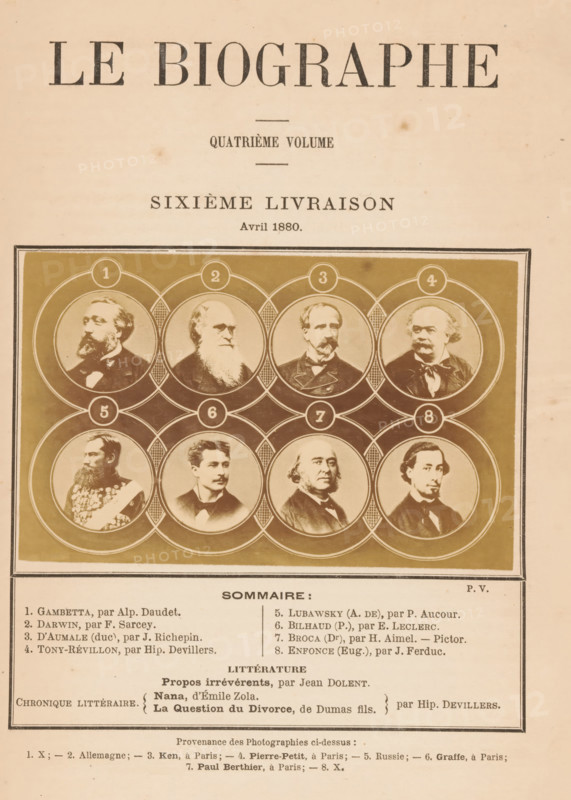 Composite group portrait of eight celebrities, photograph, page, montage photo, inscription: 'Sommaire:, Hip. Devillers.', number: '1, 8', photographer: Alexandre Ken, Paris, photographer: Pierre Petit, photographer: Emile Graffe, photographer: Paul-Marcellin Berthier, c. 1875 - in or before 1880, paper, albumen print, height 82 mm x width 130 mm, Person, Henri Eugene-Philippe-Louis d' Orléans (Duke of Aumale), Léon Gambetta, Charles Darwin, Alexandre de Lubawsky, Antoine Révillon, Paul Bilhaud, Paul Broca, Eugène Enfonce, historical persons not known by name, A sepia-toned printed page with a large title at the top, followed by a rectangular framed panel containing a grid of circular portrait medallions arranged in rows, each medallion showing a head-and-shoulders portrait of a man with varied facial hair and clothing styles, some with beards, mustaches, or clean-shaven faces, and one wearing a uniform with decorative insignia; the framed panel has a decorative border and numbered rou...