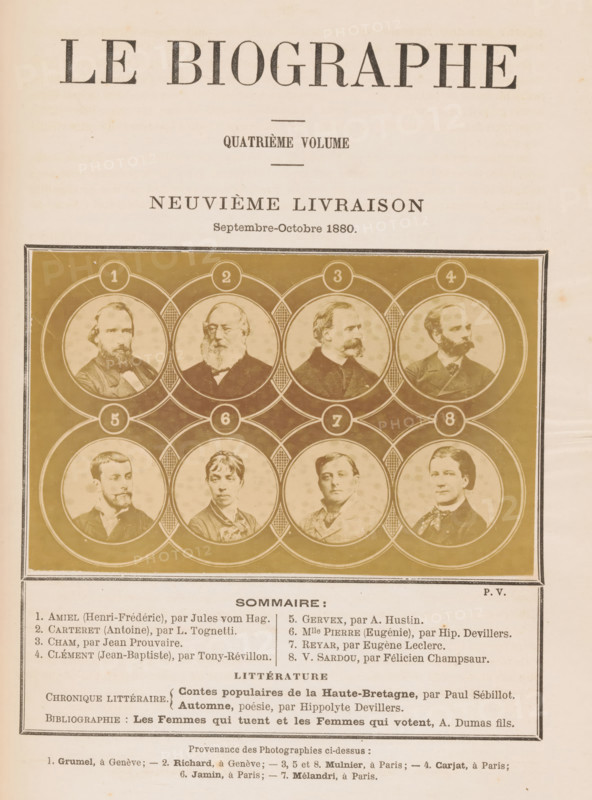 Composite group portrait of eight celebrities, photograph, page, montage photo, number: '1, 8', inscription: 'Sommaire:, A. Dumas fils.', photographer: F. Grumel, Genève, photographer: Richard, photographer: Mulnier, Paris, photographer: Étienne Carjat, photographer: Jean Théodore Jamin, photographer: Achille Mélandri, c. 1875 - in or before 1880, paper, albumen print, height 82 mm x width 130 mm, Person, Victorien Sardou, Henri Gervex, Cham, Henri-Frédéric Amiel, Antoine Carteret, Jean Baptiste Clément, Reyar, Eugénie Pierre, historical persons not known by name, The image shows a faded page with a large title at the top and a grid-like framed section below containing circular portrait photographs arranged in rows and columns; each portrait features a head-and-shoulders view of an individual with varied facial hair and hairstyles, set within decorative circular borders on a colored background.