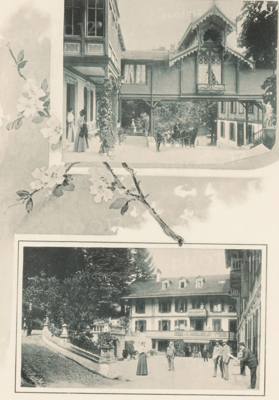 Two views of outbuildings with guest accommodation at the baths of Heustrich-les-bains near Spiez, Switzerland, page, photomechanical print, c. 1894 - in or before c. 1899, paper, collotype, photogravure, height 206 mm x width 147 mm, hotel, hostelry, inn, public baths, Spiez, A rotated vintage scene showing two framed photographic panels side by side on a textured background with floral branches overlaid; the left panel depicts a detailed porch or veranda with ornate woodwork, patterned windows, a person standing near the entrance, and foliage in front of the building, while the right panel shows a courtyard in front of a multi-windowed house with people standing and interacting on the paved area, surrounding trees, and decorative railings and planters.
