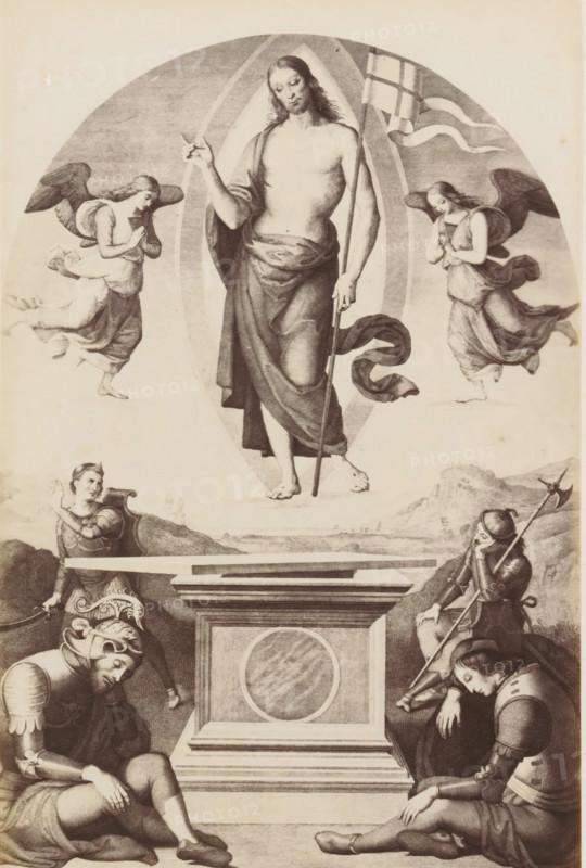 Photo reproduction of an engraving after The Resurrection by Pietro Perugino in the Vatican, photograph, reproduction, page, after print by anonymous, after painting by Pietro Perugino, c. 1863 - in or before c. 1868, photographer, after print by, paper, albumen print, albumendruk, height 198 mm x width 131 mm, Christ, usually holding a banner, arises from the grave, often combined with sleeping and, or frightened soldiers, Vatican City, Vatican Museums, A central robed figure stands barefoot on a raised platform within an almond-shaped mandorla, holding a long staff with a flowing banner and wearing a draped garment around the waist and over one shoulder, flanked by two winged figures in flowing dresses with hands clasped in front of them and wings extended; below the platform a rectangular sarcophagus with a circular panel on its front sits at the center, surrounded by armored figures in seated and kneeling poses, some wearing helmets and armor and holding weapons, one leaning on a s...