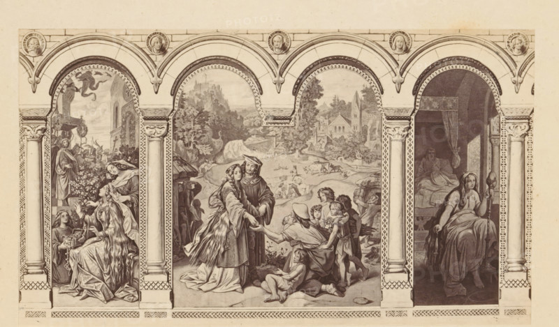 Photo reproduction of a scene from the fairy tale Die Sieben Raben by the Brothers Grimm by Moritz von Schwind, photograph, reproduction, This photo is part of a cover with six photos and a text sheet., number: '3', photographer: Joseph Albert, after print by Moritz von Schwind, c. 1863 - in or before c. 1868, Moritz von Schwind, after print by, paper, albumen print, height 105 mm x width 180 mm, meeting, tales and fairy tales, A wide sepia-toned print shows a triptych-like architectural setting with three tall rounded arches separated by ornate columns and decorative frieze work, each arch framing a distinct scene. The left arch contains a group of robed figures, one seated woman with long flowing hair and a crown receiving flowers from a standing woman, with other attendants and a background of procession and an exterior building. The central arch depicts a couple at the foreground, the woman offering something to a kneeling figure while children and other figures gather around, and ...