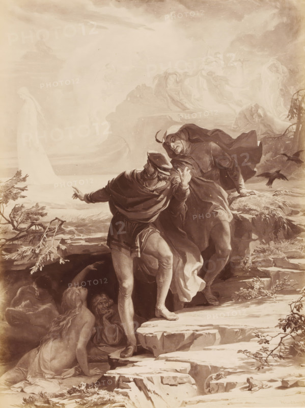 Photo reproduction of a drawing of Faust and Mephistopheles with Gretchen in the background, from the first part of the tragedy Faust by Johann Wolfgang von Goethe, photograph, reproduction, photographer: Friedrich Bruckmann (possibly), after drawing by August von Kreling, c. 1872 - in or before c. 1877, paper, albumen print, height 280 mm x width 210 mm, Mephistopheles, name of the demonic tempter in the literary versions of the Faust legends, (scenes from) specific works of literature: Goethe, Faust, A sepia-toned scene shows two central male figures standing on rocky ground near a cliff edge, one dressed in a cloak and hat leaning backward with an outstretched arm and the other cloaked and hooded leaning over him with a hand on the rock and the other near the first man's shoulder; nearby dark birds are in flight by the cliff. Along the lower left foreground there are reclining and seated partially nude figures looking up, their hair long and flowing, and a tangled branch with leaves...