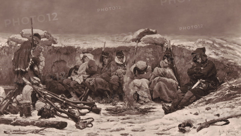Une tranchée devant Paris - Décembre 1870, Reproduction of Une tranchée devant Paris by Alphonse de Neuville, reproduction, page, photomechanical print, inscription: 'De Neuville, Galerie Contemporaine, Littéraire et Artistique, 126, boulevard de Magenta, Paris.', cliché maker: Goupil & Cie., after painting by Alphonse de Neuville, c. 1871 - in or before 1876, photographer, paper, Woodburytype, Woodburytypepie, height 142 mm x width 246 mm, the soldier, the soldier's life, trenches, painting, drawing and the graphic arts, A row of people sits and slumps against a low snow-covered earth wall under a wide pale sky, most wrapped in heavy coats, shawls, and blankets with hoods or headscarves covering their heads and faces; some hold long rifles upright against the trench while others rest their hands in their laps or cross their arms, and one person at the far left stands facing the wall holding a rifle. In the foreground on the snowy ground lie stacked rifles, packs, straps, drums, and ot...
