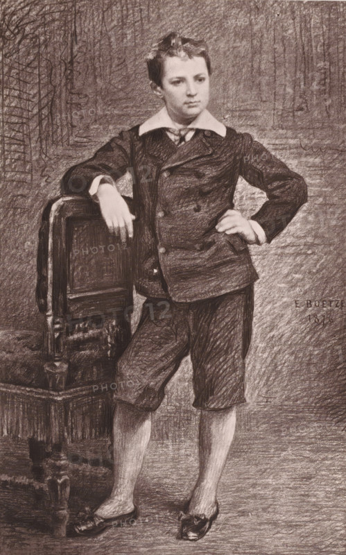 Boetzel, Portrait of Ernest-Philippe Boetzel, page, photomechanical print, photographer: anonymous, cliché maker: Goupil & Cie. (possibly), c. 1871 - in or before 1876, paper, Woodburytype, height 114 mm x width 83 mm, Person, Ernest Boetzel, historical persons, adult man, A charcoal drawing of a young boy standing with one hand resting on the back of a carved wooden chair and the other hand on his hip, wearing a dark double-breasted jacket with a wide white collar, knee-length trousers, and low-heeled shoes. The boy has short hair and a neutral facial expression, and the background is textured with cross-hatched shading. The chair shows carved details and turned legs, and the floor beneath is shaded in the same charcoal style.