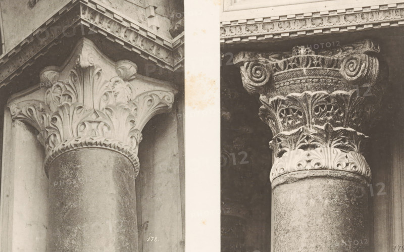 Two images of Corinthian capitals of San Marco in Venice, photomechanical print, These prints are part of a cover with 51 prints on 29 pages and 1 text page., number: '178.', number: '179', number: '125', number: '178', photographer: Carl Heinrich Jacobi, Venice, photographer: Ferdinando Ongania, c. 1879 - in or before 1884, paper, collotype, photoprint, height 313 mm x width 392 mm, church (exterior), Corinthian order, architecture, capital (, column, pillar) (classical art), Basilica of San Marco, A close-up view of two stone columns with ornate carved capitals separated by a pale vertical strip, the left capital showing stylized acanthus leaves and volutes beneath an overhanging cornice with decorative molding, the right capital featuring more weathered foliage carving and spiral volutes under a similarly detailed cornice, both columns exhibiting a textured, aged surface and monochromatic tones.