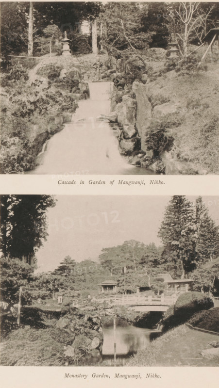 Cascade in Garden of Mangwanji, Nikko, Monastery Garden, Mangwanji, Two views of the Mangwanji gardens in Nikko, Japan, page, photomechanical print, inscription: 'Plate XXXIII.', maker: Kazumasa Ogawa, c. 1888 - in or before 1893, Kanto, paper, collotype, photoprint, height 356 mm x width 258 mm, garden, waterfall, A vertical photographic collage showing two sepia-toned landscape scenes separated by a pale horizontal band. The upper scene depicts a narrow flowing cascade bordered by rocks and low vegetation, with trees and shrubs rising on both sides and stone lantern-like structures partially visible among the foliage. The lower scene shows a tranquil garden with a gently flowing pond, a curved wooden bridge spanning the water, manicured shrubs and trees around the banks, and small pavilion-like buildings nestled among the trees and hills in the background.