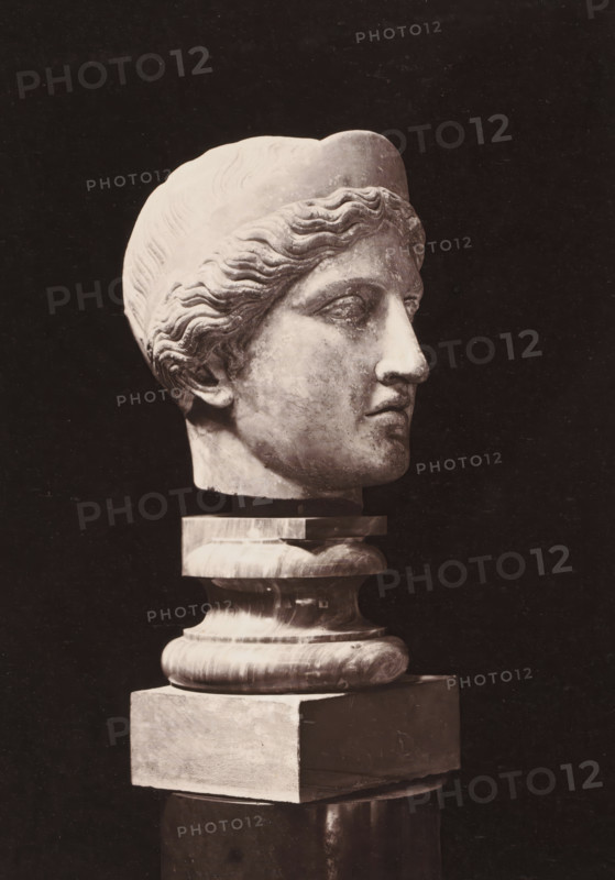 Marble statue of Hera, photograph, page, photographer: Stephen Thompson, c. 1869 - in or before 1874, paper, albumen print, albumendruk, height 239 mm x width 177 mm, piece of sculpture, reproduction of a piece of sculpture, (story of) Juno (Hera), A light-colored marble sculpted head of a person with wavy hair and a smooth cap sits on a polished, rounded pedestal above a rectangular block, all set against a dark background; the face is shown in three-quarter profile with a straight nose, closed lips, and a defined jawline, and the surface of the sculpture shows subtle wear and mottled texture.