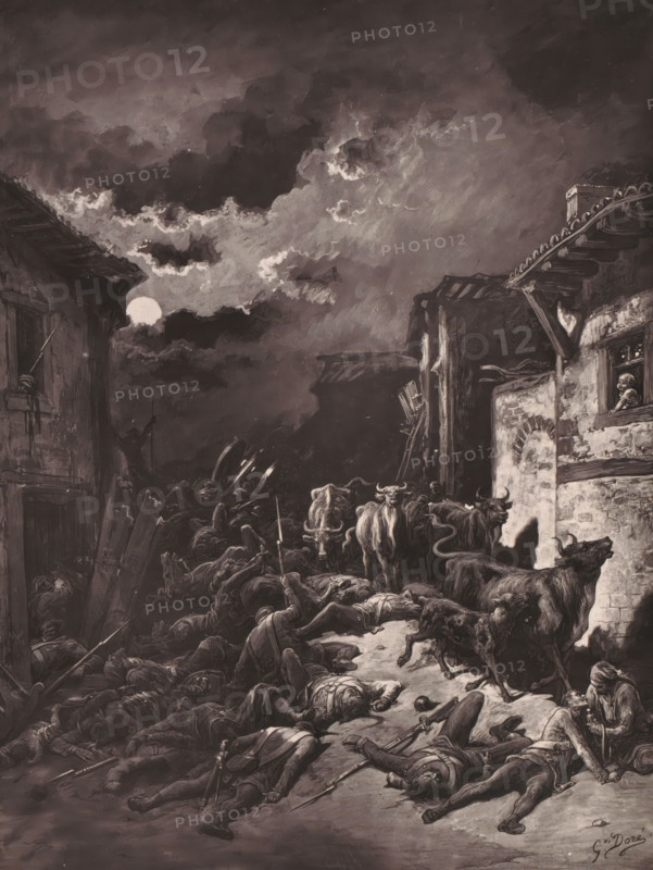La Guerre, Reproduction of La Guerre by Gustave Doré, reproduction, page, photomechanical print, name: 'G. Doré', photographer: Goupil & Cie., after design by Gustave Doré, c. 1874 - c. 1879, printer (person), paper, Woodburytype, Woodburytypepie, height 231 mm x width 173 mm, cow, village street (city(-scape) with figures, staffage), the defeated (after the battle) (land forces), A dark, stormy sky with heavy clouds and a bright moon near the horizon looms above a narrow street flanked by tall, dilapidated buildings with rough stone and wooden beams; the street is strewn with many fallen, motionless bodies in various positions, scattered weapons, and shields, while several cattle and oxen move among the corpses, one animal standing in a doorway and others clustered nearby; a person leans on a windowsill looking down at the scene, and another figure crouches at the lower right amid the debris.