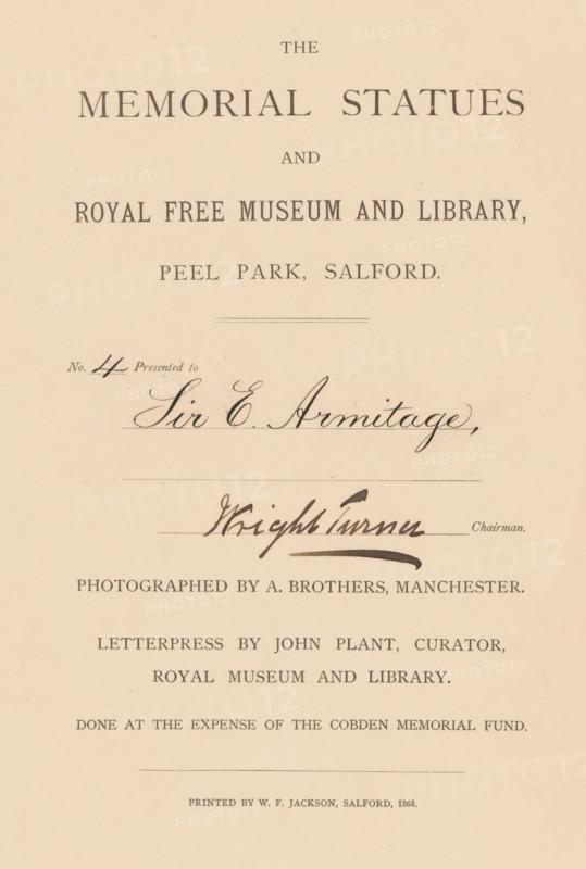 The memorial statues and Royal Free Museum and Library, Peel Park, Salford, letterpress by John Plant, photographed by A. Brothers, book, bookplate: 'EX, SFJ, LIBRIS', date: 'APR 1981', annotation: 'F45, very scarce', printer (person): WF Jackson, 1868, printer (person), textile materials, pasteboard, paper, linen (material), printing, albumen print, height 466 mm x width 340 mm x thickness 13 mm, A cream-colored sheet with printed and handwritten dark ink markings arranged in horizontal lines and centered on the page, featuring large serif-printed headings near the top, a decorative horizontal rule, cursive handwriting in the middle with an ink flourish beneath it, several additional lines of serif-printed text below, faint horizontal guide lines, and evenly spaced margins on all sides.