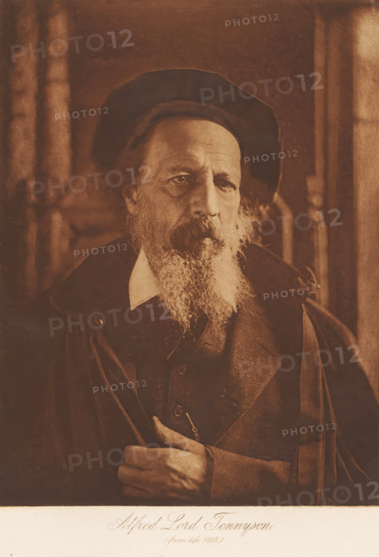 Portrait of Alfred Tennyson, Alfred Lord Tennyson, page, photomechanical print, inscription: 'Alfred Lord Tennyson, (from life 1888.)', photographer: Henry Herschel Hay Cameron, 1888, c. 1888 - in or before 1893, paper, photoaquatint, height 247 mm x width 188 mm, Person, Alfred Tennyson, historical persons, portrait of a writer, A sepia-toned portrait of an older man wearing a dark hat and cloak, with a long white beard and mustache, a visible collar at his neck, and a thoughtful expression; his right hand is holding the edge of his cloak near his chest, and the background shows blurred vertical architectural elements.
