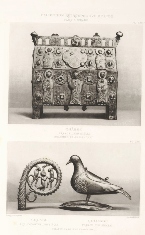 13th-century French reliquary, a 12th-century part of a bishop's staff and a 13th-century sculpture of a dove, at the Exposition Rétrospective of 1877 in Lyon, France, photomechanical print, These prints are part of a cover with 79 prints on 54 sheets and 65 text sheets., number: 'PL. LXII.', number: 'PL. LXIII.', inscription: 'CROSSE, ART BYZANTIN_XIIe SIÈCLE, COLOMBE, FRANCE_XIIIe SIÈCLE, COLLECTION DE Mr E. CHALANDON.', inscription: 'CHÂSSE, COLLECTION DE Mr BLANCHET.', inscription: 'EXPOSITION RÉTROSPECTIVE DE LYON, PAR JB GIRAUD.', photographer: Jacques Garcin, Lyon, cliché maker: Dujardin, printer (person): Imprimerie Eudes, Paris, 1877 - 1878, Jacques Garcin, Dujardin, Imprimerie Eudes, photographer, cliché maker, printer (person), paper, photoaquatint, height 463 mm x width 313 mm, piece of sculpture, reproduction of a piece of sculpture, relics (and reliquaries), A photographic print showing two separate ornamental objects arranged vertically on a light background: the upper o...