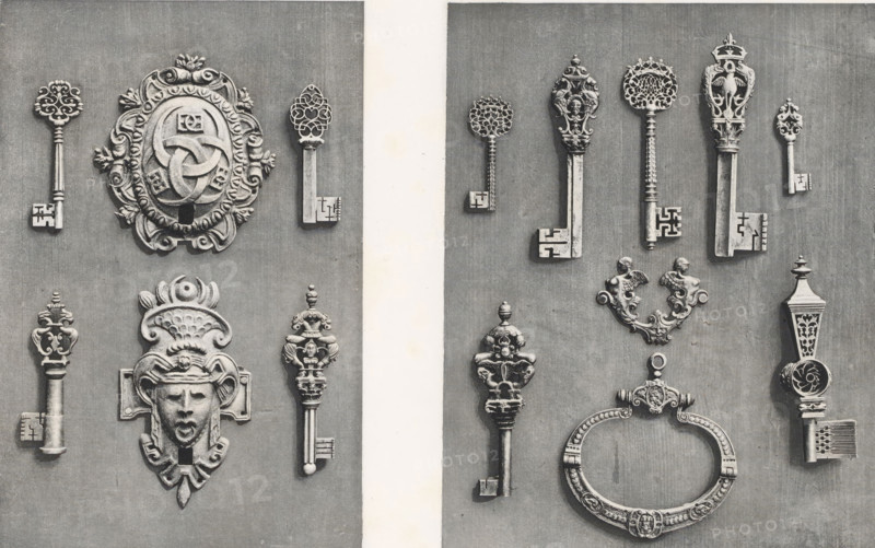 Various 16th-century and 17th-century keys, at the Exposition Rétrospective of 1877 in Lyon, France, photomechanical print, These prints are part of a cover with 79 prints on 54 sheets and 65 text sheets., inscription: 'SERRURERIE, XVIe et XVIIe SIÈCLES, COLLECTIONS DIVERSES.', number: 'PL. LXXI ET LXXII.', inscription: 'EXPOSITION RÉTROSPECTIVE DE LYON, PAR JB GIRAUD.', photographer: Jacques Garcin, Lyon, cliché maker: Dujardin, printer (person): Imprimerie Eudes, Paris, 1877 - 1878, printer (person), paper, photoaquatint, height 313mm x width 463mm, key, A grayscale photograph shows an arrangement of ornate metal objects mounted on a flat background divided by a vertical pale strip near the center. On the left panel there are decorative keys with intricate bow designs and a large ornamental escutcheon featuring scrollwork and a central swirling motif, plus a sculpted face plate with a crest above it. On the right panel there are more elaborately designed keys with filigree heads and ...
