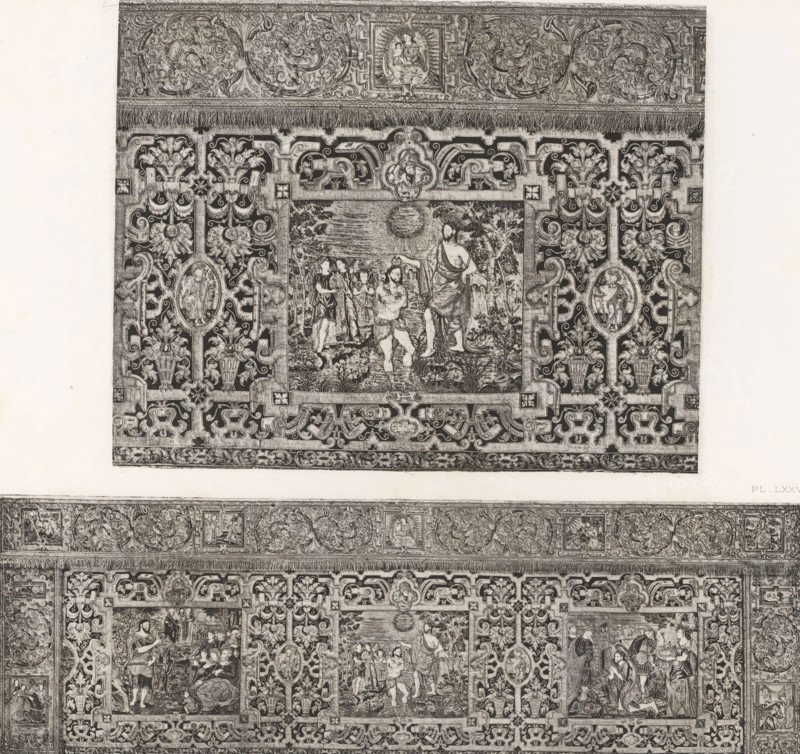 Two 16th-century Flemish altar fronts, at the Exposition Rétrospective of 1877 in Lyon, France, photomechanical print, These prints are part of a cover with 79 prints on 54 sheets and 65 text sheets., inscription: 'DEVANT D'AUTEL, FLANDRE XVIe SIÈCLE_COLLECTION DE Mr E. AYNARD.', inscription: 'EXPOSITION RÉTROSPECTIVE DE LYON, PAR JB GIRAUD.', number: 'PL. LXXVII.', number: 'PL. LXXVIII.', photographer: Jacques Garcin, Lyon, cliché maker: Dujardin, printer (person): Imprimerie Eudes, Paris, 1877 - 1878, Jacques Garcin, Dujardin, Imprimerie Eudes, photographer, cliché maker, printer (person), paper, photoaquatint, height 313 mm x width 463 mm, altar, A rectangular ornate textile panel fills the image, featuring a central framed scene surrounded by an intricate repeating border of scrolling foliage, floral motifs, and cartouches; the central scene shows several human figures in a natural setting with a radiant circular element overhead and one standing figure holding a staff while touchi...
