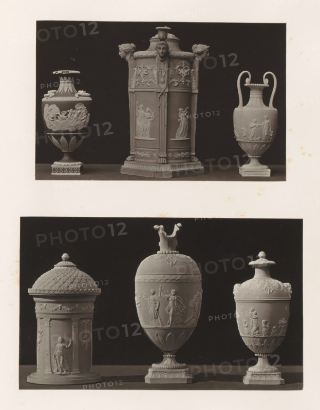 Five vases and a candlestick, photograph, page, photographer: Joseph Cundall, c. 1868 - in or before 1873, paper, carbon print, height 361 mm x width 270 mm, chandelier, candelabrum, container of ceramics: jar, jug, pot, vase, sculpture (relief, sculpture), A photographic plate showing two horizontal panels each with three ceramic or stone vases displayed against a dark background, the top panel featuring a central tall octagonal vase with relief figures and ornamental faces at its upper corners flanked by two handled urns with bas-relief scenes, and the lower panel showing three lidded urns including a domed covered vessel with a finial, a central egg-shaped urn with a decorative finial and a band of classical figures in relief, and a smaller lidded vase with carved figures and floral motifs, all rendered in a monochrome tone with a light matte border.