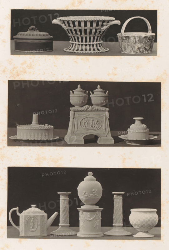 Basket, teapot, inkwells, candlesticks and vases with female figures and the wedding of Cupid and Psyche, photograph, page, photographer: Joseph Cundall, c. 1868 - in or before 1873, paper, carbon print, height 361 mm x width 270 mm, chandelier, candelabrum, container of ceramics: jar, jug, pot, vase, ink-well, Cupid and Psyche as lovers, tea-pot, samovar, A vertical arrangement of three photographic panels shows rows of decorative objects against dark rectangular backgrounds on a light speckled sheet; the top panel displays three small containers including a round lidded box with a sculpted knob, a woven basket with a flared shape and braided rim, and a marbled bowl with a curved handle; the middle panel presents a central ornate stand topped by two lidded urns with finials flanked by two low dishes each holding a covered vessel with decorative rims and bases; the bottom panel features a central spherical lidded urn on a decorated pedestal between two fluted candlestick-like columns, ...
