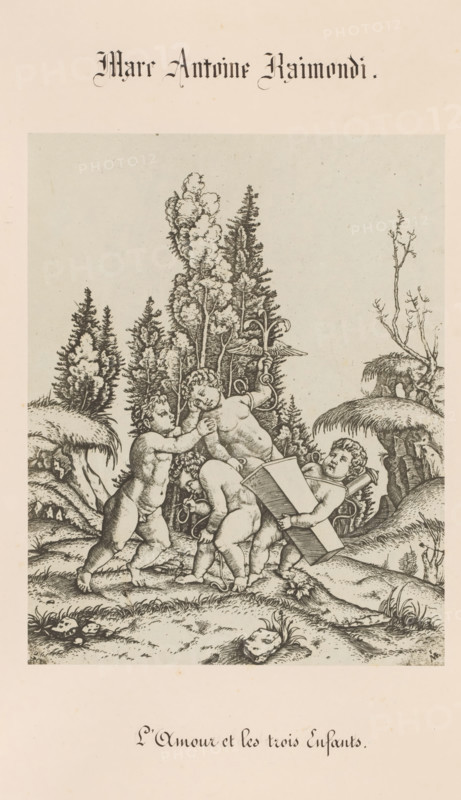 L'Amour et les trois Enfants, Photo reproduction of an engraving of Love and three putti by Marcantonio Raimondi, Marc Antoine Raimondi, photograph, reproduction, page, number: '16', photographer: Benjamin Delessert, after print by Marcantonio Raimondi, c. 1848 - in or before 1853, Benjamin Delessert, Marcantonio Raimondi, photographer, after print by, paper, salted paper print, height 224 mm x width 175 mm, cupids: 'amores', 'amoretti', 'putti', Love personified, A sepia-toned print shows a group of naked cherubic children playing on a grassy, uneven landscape with rocks and small plants, surrounded by tall, detailed trees and ferns; one child leans forward carrying a rectangular object while another child reaches toward a central standing child who holds a small ring or object to their mouth, and a fourth child bends forward between them; distant rounded mounds, sparse bare branches, and dense foliage create a varied natural background beneath a pale sky.
