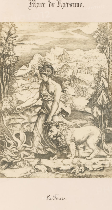Photo reproduction of an engraving of Kracht by Marco Dente, La Force, Marc Antoine Raimondi, photograph, reproduction, page, photographer: Benjamin Delessert, after print by Marco Dente, after drawing by Rafaël, after drawing by Giulio Romano, c. 1848 - in or before 1853, Marco Dente, after print by, paper, salted paper print, height 246 mm x width 180 mm, Will, 'Volontà' (Ripa), A monochrome etching shows a robed female figure standing in a natural landscape while holding a large lion by a strap; she gestures with one hand toward a stylized fire or swirling flames on the ground. The woman has flowing hair and draped clothing, and the lion stands with a detailed mane and visible harness. Surrounding them are rocky ground, plants, and tall trees framing a distant hilly terrain with clustered buildings and mountains under a sky with horizontal cloud bands. Above and below the scene are decorative bands of blank space and ornate script text.