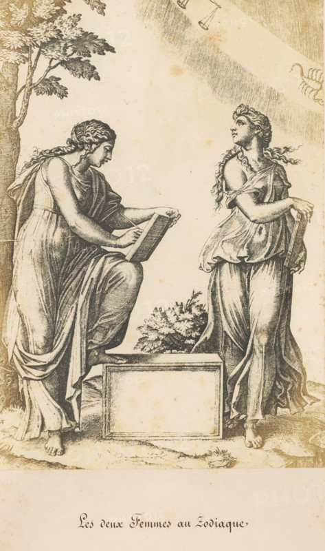 Les deux Femmes au Zodiaque, Photo reproduction of an engraving of two young women with a zodiac in the background by Marcantonio Raimondi, Marc Antoine Raimondi, photograph, reproduction, page, photographer: Benjamin Delessert, after print by Marcantonio Raimondi, after design by Rafaël, c. 1848 - in or before 1853, Marcantonio Raimondi, after print by, paper, salted paper print, height 277 mm x width 193 mm, adolescent, young woman, maiden (two persons), zodiac, the twelve zodiacal signs together, A monochrome engraving showing two draped women standing outdoors beside a tree and a rectangular plinth; the woman on the left is seated on the plinth with one foot on it and holds an open book or tablet, her head bowed and hair braided back, while the woman on the right stands slightly turned toward the left with flowing hair and a draped garment, one hand resting on the edge of the plinth and the other holding a narrow object; foliage appears behind them and there are shaded rays or band...