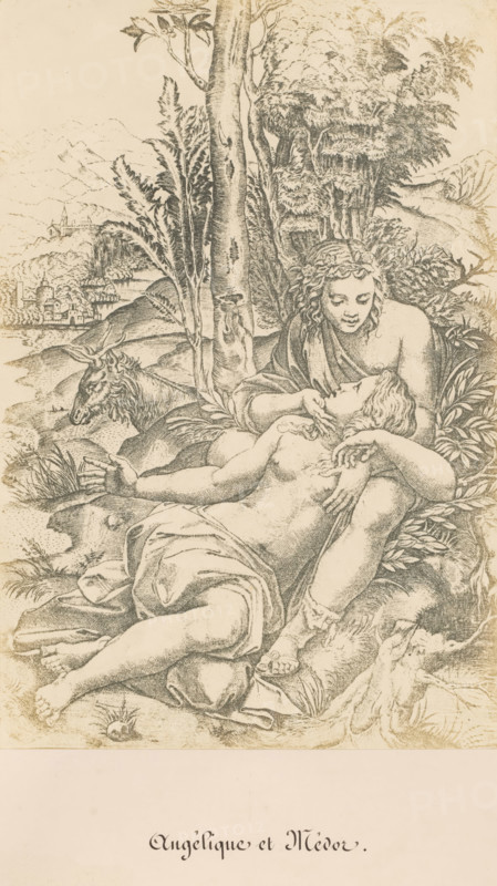 Angélique et Médor, Photo reproduction of an engraving of Angelica and Medoro by Marcantonio Raimondi, Marc Antoine Raimondi, photograph, reproduction, page, photographer: Benjamin Delessert, after print by Marcantonio Raimondi, after drawing by Giulio Romano (possibly), c. 1848 - in or before 1853, Marcantonio Raimondi, after print by, paper, salted paper print, height 257 mm x width 171 mm, herding, herdsman, herdswoman, shepherd, shepherdess, cowherd, couple of lovers, Angelica, A detailed monochrome engraving shows two partially clothed figures reclining beneath trees in a wooded landscape. One figure leans against a tree, cradling the other who lies back across their lap with an arm extended and head tilted upward; both have long hair and relaxed facial expressions. Surrounding them are textured tree trunks, dense foliage, and leafy plants. A goat with curved horns rests nearby. In the background there are rolling hills and a distant cluster of buildings by water. The ground aroun...