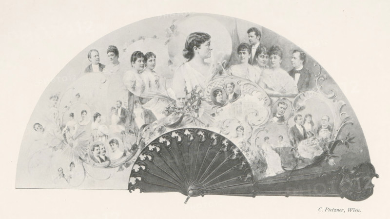 Fan with a collage of portraits of unknown men and women, page, photomechanical print, inscription: 'Das Atelier des Photographen.', photographer: Carl Pietzner, Vienna, cliché maker: unknown, Leipzig, printer (person): Wilhelm Knapp, Halle an der Saale, c. 1895 - in or before 1900, printer (person), Lower Austria, Saxony-Anhalt, Saxony, paper, autotypie, height 115 mm x width 219 mm, historical persons, historical persons - BB - woman, fan, A semicircular decorative fan spread shows numerous portrait-style illustrations of people, mostly women and a few men, arranged among ornate floral and scrollwork designs, with a darker silhouetted handle and ribs at the bottom center featuring carved patterns and a central pivot; the figures display a variety of head-and-shoulder and three-quarter views, many wearing high-necked garments and formal attire, and some framed within small oval cartouches while others are integrated into flowing decorative motifs that include leaves and blossoms.
