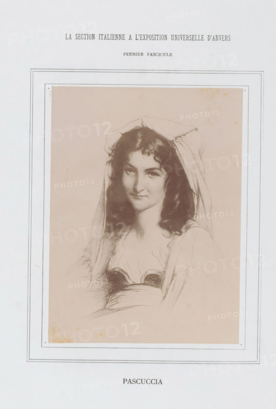 Pascuccia, Photo reproduction of a print of a portrait of an unknown woman, La Section Italienne a l'Exposition Universelle d'Anvers - Premier Fascicule, photograph, reproduction, page, after print by anonymous, c. 1880 - in or before 1885, photographer, after print by, paper, albumen print, height 153 mm x width 115 mm, Photo on loose plate opposite page 8., historical persons - BB - woman, A framed portrait of a woman with dark wavy hair partially covered by a light headscarf, her face turned slightly and showing a subtle expression, drawn in soft sepia tones on a pale background; she wears a low neckline garment with visible folds and shaded detailing, and the portrait is mounted within a rectangular mat with thin decorative borders and light aging spots visible around the edges.