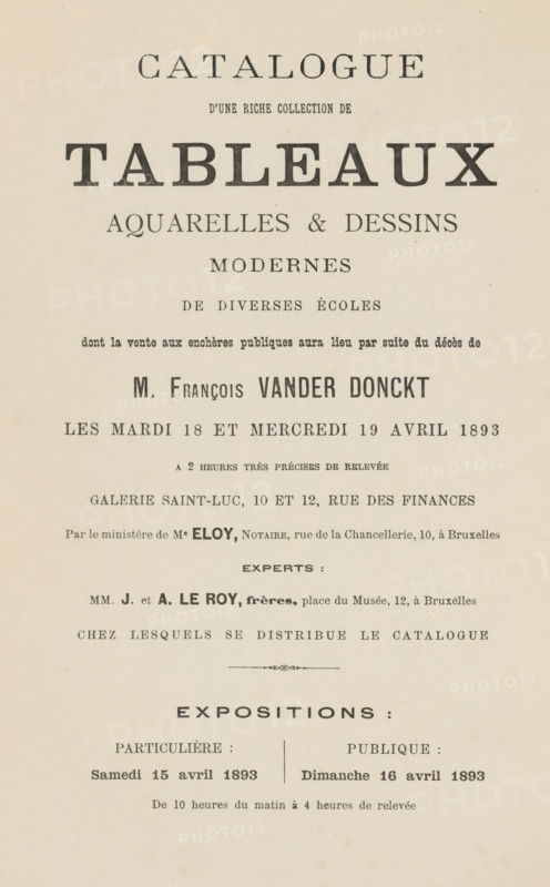 Catalogue d'une riche collection de tableaux aquarelles & dessins modernes de diverses écoles, book, annotation: '€69.50', annotation: 'JAN, 2003', annotation: 'MaSou, 1893', 1893, pasteboard, paper, printing, albumen print, height 293 mm x width 194 mm x thickness 7 mm, A vertically oriented aged paper page with centered printed lines of large bold headings and smaller lines of text arranged in sections, displaying varied serif typefaces and typographic emphasis, with visible spacing and horizontal alignment, darker ink letters contrasting against a light beige background, small decorative ornament near the middle, and some faint spotting and paper texture throughout.