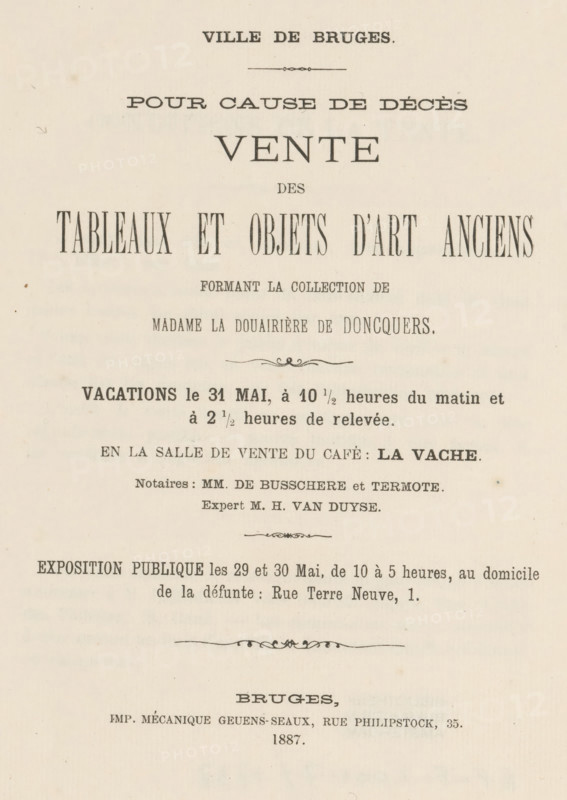 Vente des tableaux et objets d'art anciens formant la collection de madame la douairière de Doncquers, book, date: 'OCT, 1995', 1887, paper, printing, albumen print, height 227 mm x width 183 mm x thickness 5 mm, A faded cream-colored page with printed black serif text arranged in centered lines and decorative horizontal flourishes, showing a large bold heading near the top, several lines of narrower uppercase text below it, ornamental dividers, and additional centered text blocks toward the middle and lower portions, all printed with varying font sizes and weights on slightly aged paper.